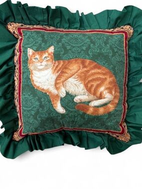 Green Cat Accent Pillow with Orange Tabby Design - Unbranded